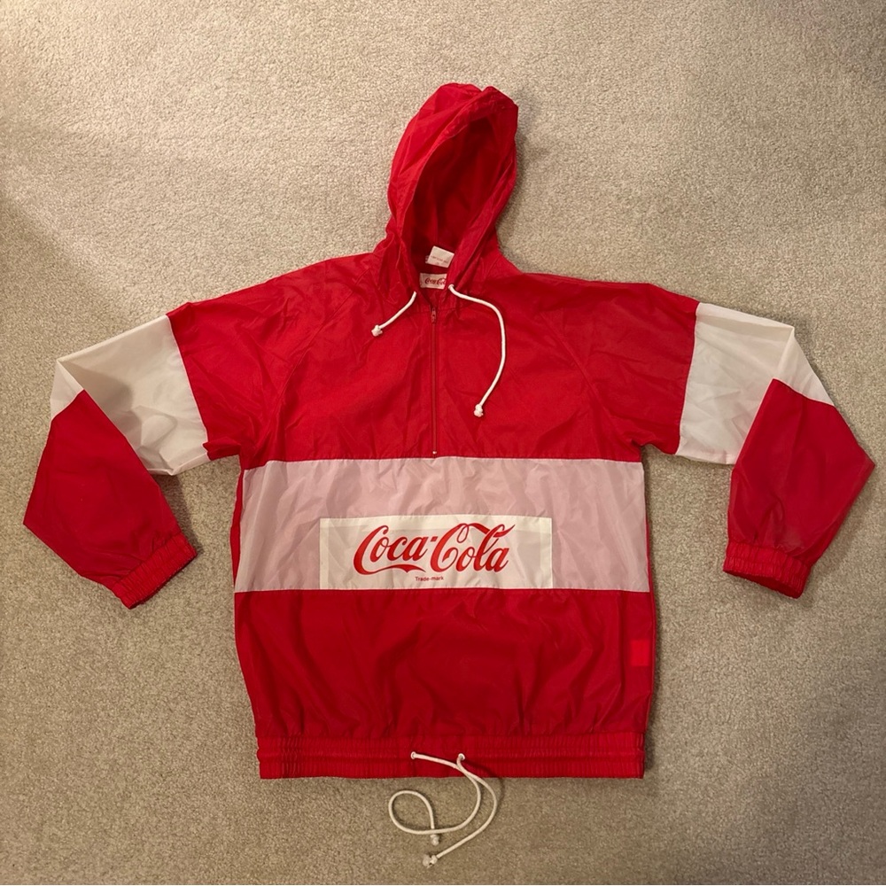 Coca-cola Red White Windbreaker Jacket 1/4 Zip Hooded Mens Size 3 Vintage 1986
